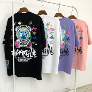 T恤夏季 小北韩国代购 弹力宇宙涂鸦小熊2ND家宽松短袖 潮牌大码 男装