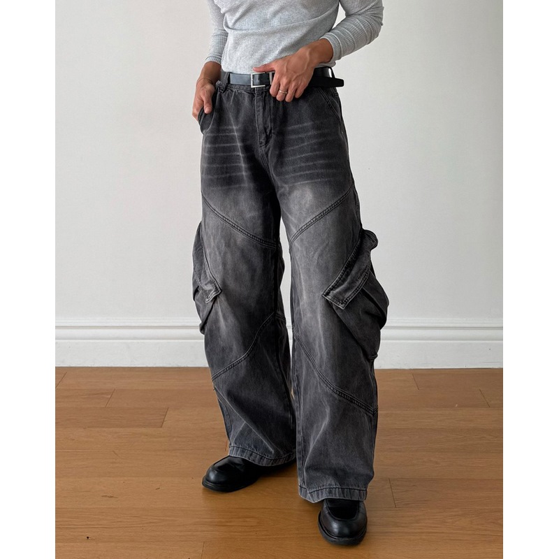 小北韩国代购男装东大门牛仔裤潮搭做旧磨白水洗工装风直筒长裤