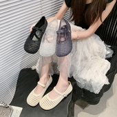 编织单鞋 透气镂空百搭2025网面一字浅口新款 凉鞋 夏季 玛丽珍鞋 坡跟