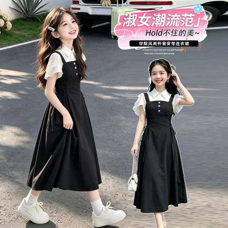 学院风衬衫背带裙女童夏季小个子两件套装收腰显瘦出游透气薄款图片