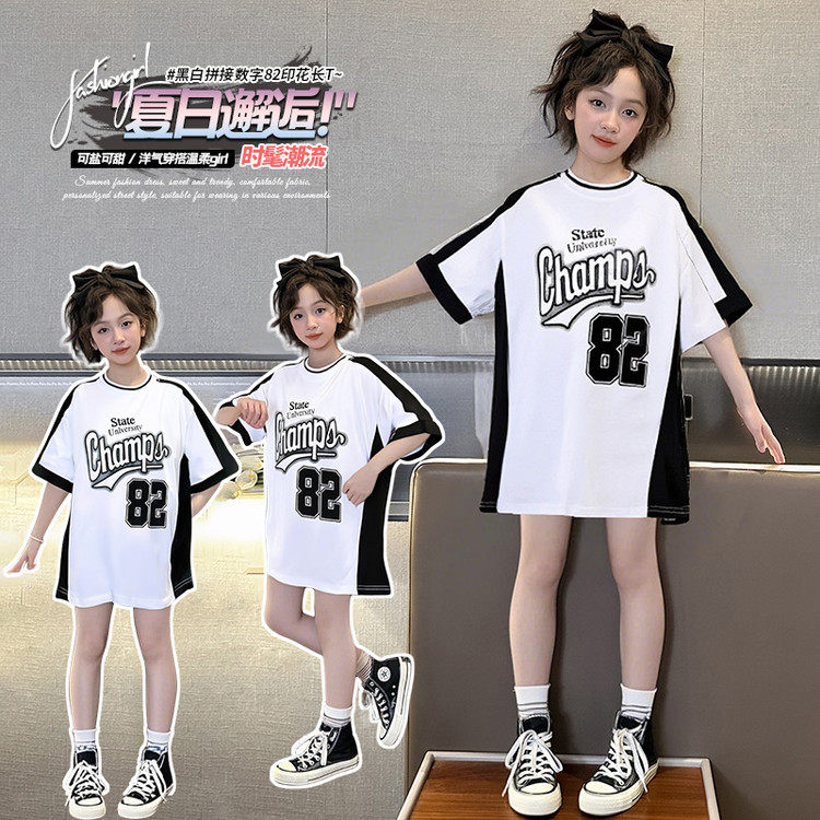女童潮酷运动风短袖T恤夏季宽松中长款黑白拼接印花上衣透气薄款