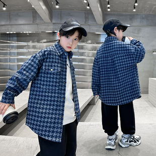 长袖薄款男童千鸟格翻领外套春秋休闲宽松帅气中大童长袖上衣薄潮