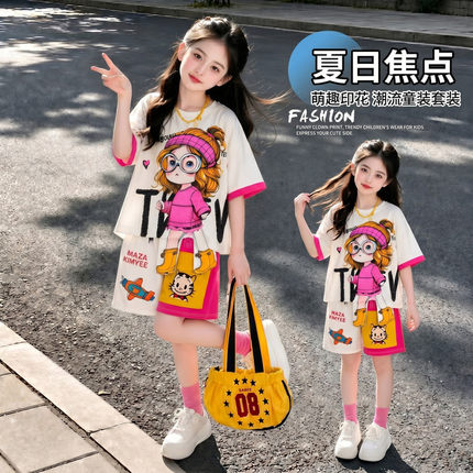 女童夏季卡通印花T恤短裤两件套装洋气潮酷休闲运动套装透气薄款