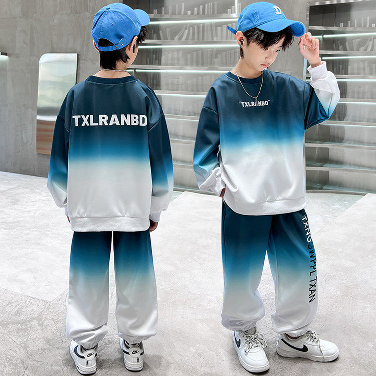 长袖薄款韩版男童春秋渐变色卫衣套装中大童帅气休闲运动两件套潮