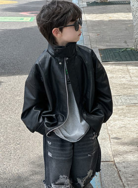 2026新款韩版机车风PU皮衣男童连帽拉链外套春秋宽松酷帅夹克