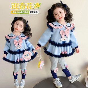 长袖薄款2026新款女童卡通蝴蝶结花边领卫衣套装春秋洋气两件套潮