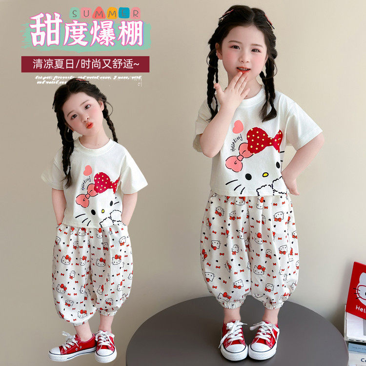 女童卡通猫咪两件套夏季新款儿童洋气短袖T恤灯笼裤透气薄款套装
