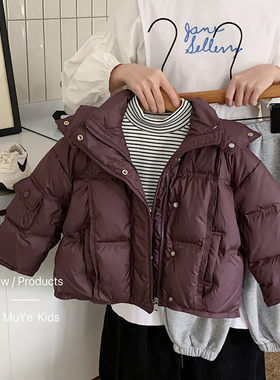 2026新款韩版泡芙羽绒服男女宝宝加厚保暖连帽面包服紫色外套潮