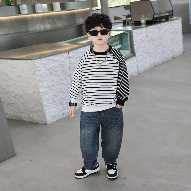 长袖薄款韩版男童条纹假两件卫衣套装春秋中大童时尚帅气两件套潮