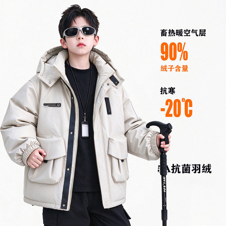 2026新款工装风连帽羽绒服男童中长款加厚保暖户外抗寒-20°C外套