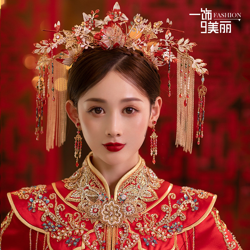 秀禾头饰新娘婚嫁礼服结婚红色喜庆奢华凤冠流苏步摇中式古典古装