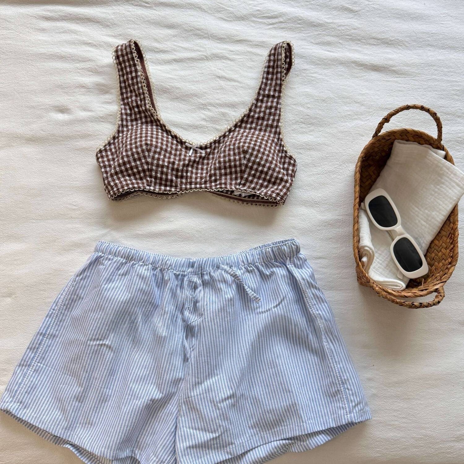 【摩卡可可】复古格纹性感辣妹分体吊带比基尼泳衣平角沙滩裤温泉