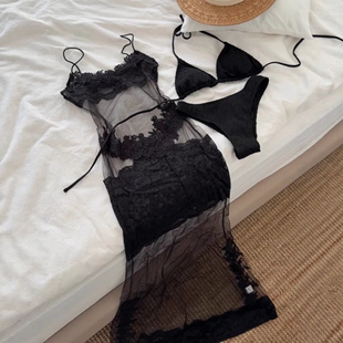 法式 纯欲高腰泳衣女重工蕾丝防走光塑形显白比基尼四件套度假泳装