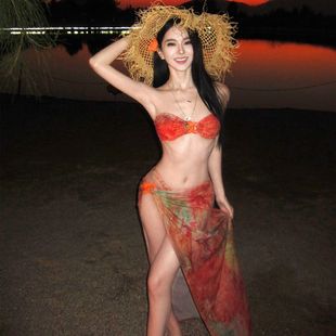 泰兰德三亚海边巨出片多巴胺穿搭性感绝美橙色比基尼套装温泉泳衣