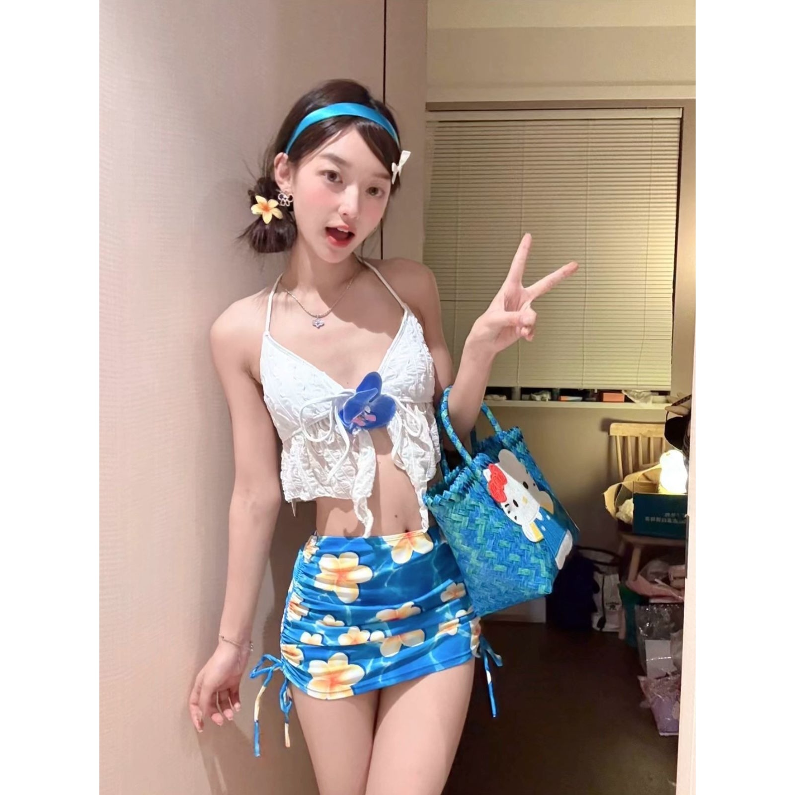 印花度假分体泳衣女包裙三件套吊带可外穿有胸垫遮肉显瘦保守沙滩