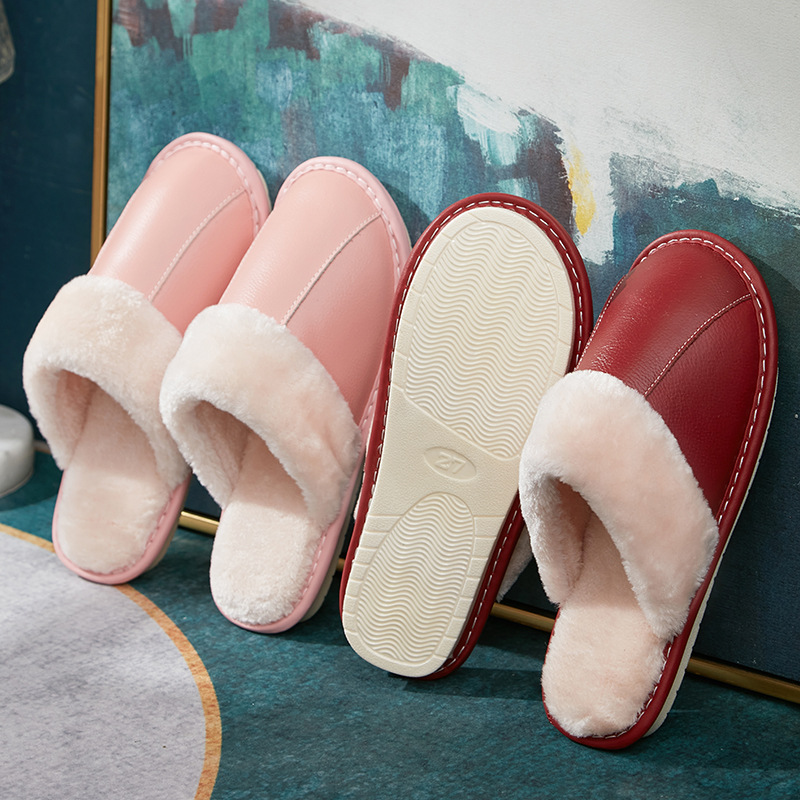 防水皮面棉拖鞋女冬天室内家居厚