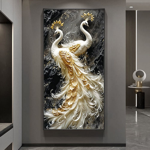 孔雀led灯画新款高级感晶瓷挂画轻奢入户玄关装饰画走廊过道壁画