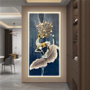 轻奢麋鹿入户玄关装饰画现代简约进门过道挂画轻奢走廊镶钻晶瓷画