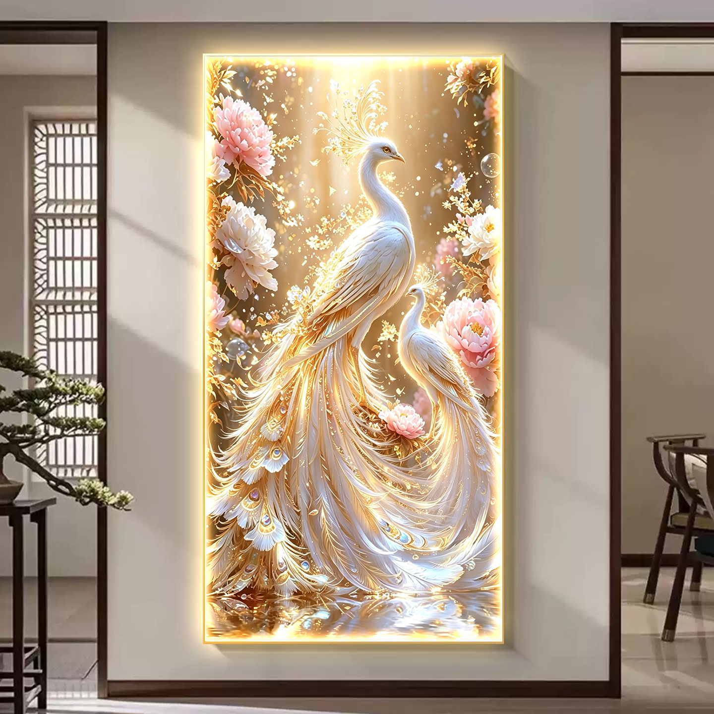 LED带灯光走廊客厅挂画轻奢孔雀入户玄关装饰画正对门高级感壁画图片