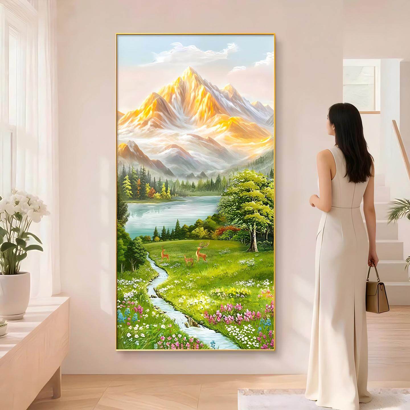 日照金山晶瓷玄关装饰画山水风景挂画入户走廊过道正对门客厅壁画
