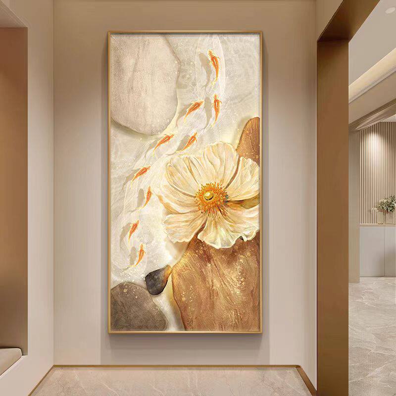 九鱼图花开富贵现代高级入户玄关画立体感LED灯光画走廊过道挂画