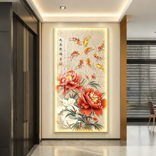 现代感走廊过道挂画客厅入户壁画牡丹花轻奢led灯入户玄关装饰画