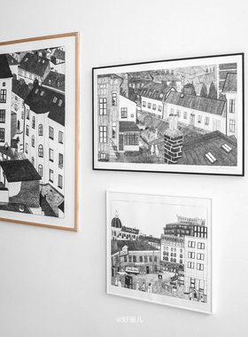 瑞典白色秋冬建筑素描海报 Fine Little Day 美好的小日子 装饰画