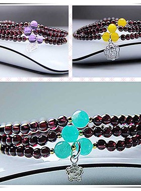 酒红石榴石佛珠生日纯银多圈手串