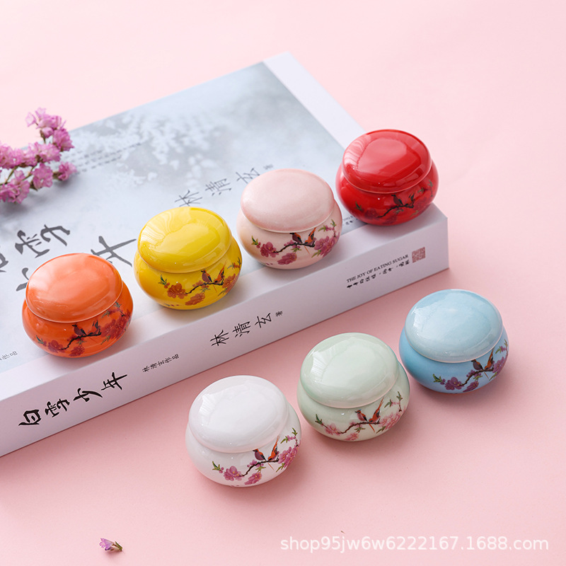 桃花陶瓷迷你口脂瓷瓶茶叶罐