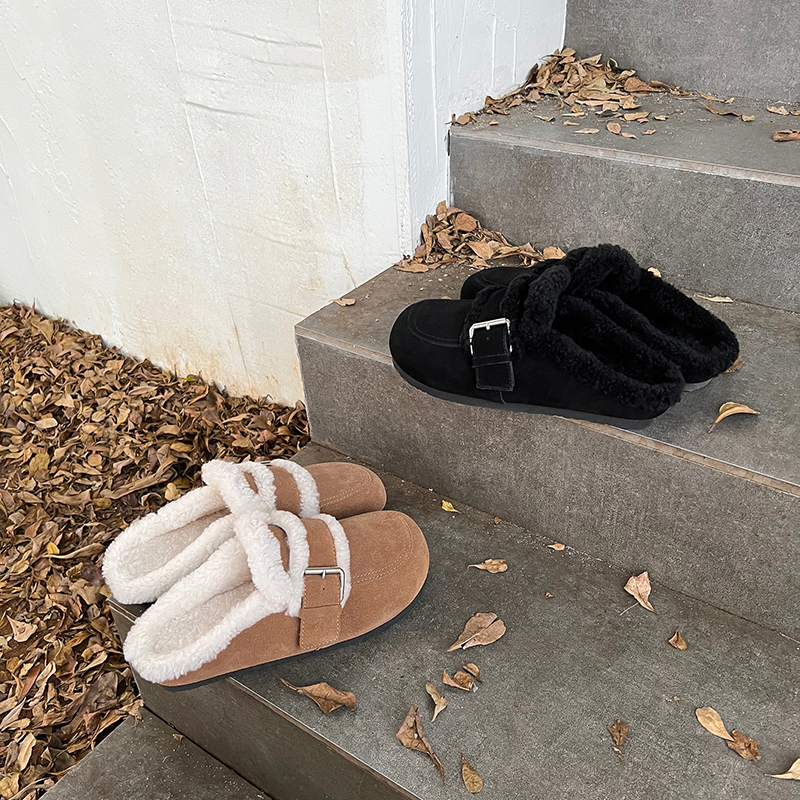 【断码清仓】真皮厚底勃肯鞋女2025冬季新款加绒加厚圆头拖鞋