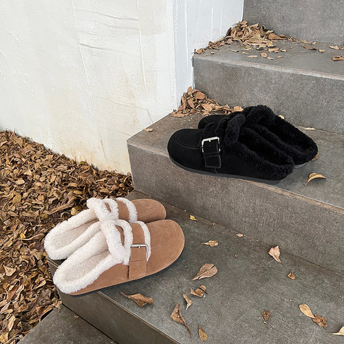 【断码清仓】真皮厚底勃肯鞋女2025冬季新款加绒加厚圆头拖鞋