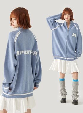 MPUX甜酷撞色字母提花软糯慵懒风宽松插肩袖长袖毛衣开衫针织衫情