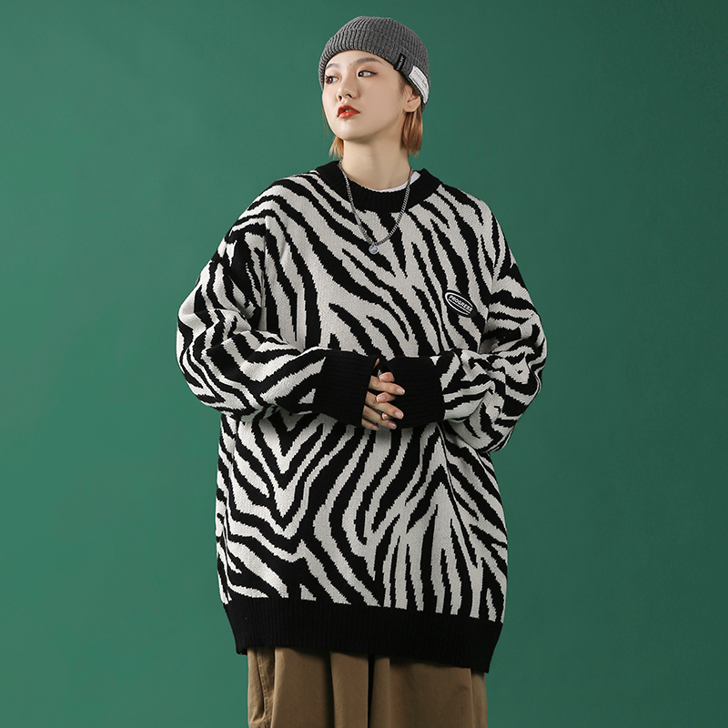 Winter sweater women's trend loose crew neck zebra knit