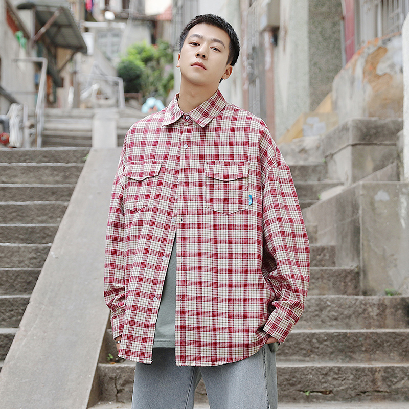 Spring men's tooling pocket Plaid long sleeve shirt for men