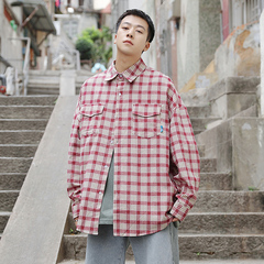 Spring men's tooling pocket Plaid long sleeve shirt for men