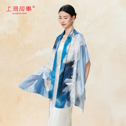 上海故事2025春夏真丝新中式国风印花桑蚕丝长巾披肩女丝巾礼盒装