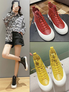 头层牛皮女高帮运动鞋2024春季新款黑色百搭小白鞋女平底休闲板鞋