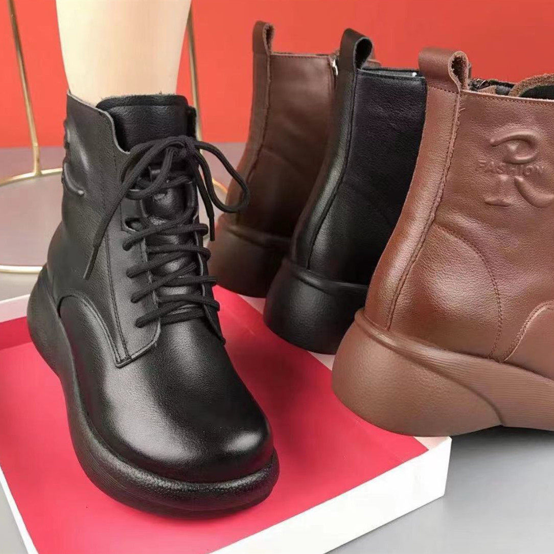 加绒马丁靴女真皮厚底短靴系带保暖松糕底靴子,女鞋,马丁靴,淘宝优惠券,粉丝福利购,淘宝优惠卷