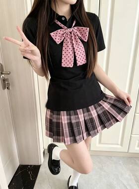 JK制服穿搭夏季女中大童黑色收腰POLO衫叠穿正版百褶裙套装小个子
