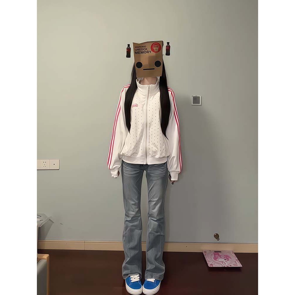 美式复古星星立领拉链外套女秋冬中大童宽松休闲运动夹克白色外套