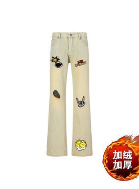 美式复古仿刺绣印花骷髅炸弹字母中大童牛仔裤秋冬加绒加厚黄泥色
