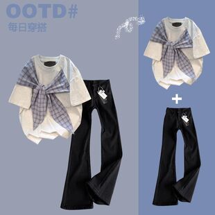 中大童夏季穿搭蝴蝶结格子绑带白灰短袖t恤+黑色微喇牛仔裤ins风