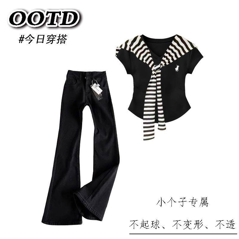 条纹披肩短袖上衣+喇叭裤儿童女套装夏季学院风女童牛仔裤中大童图片