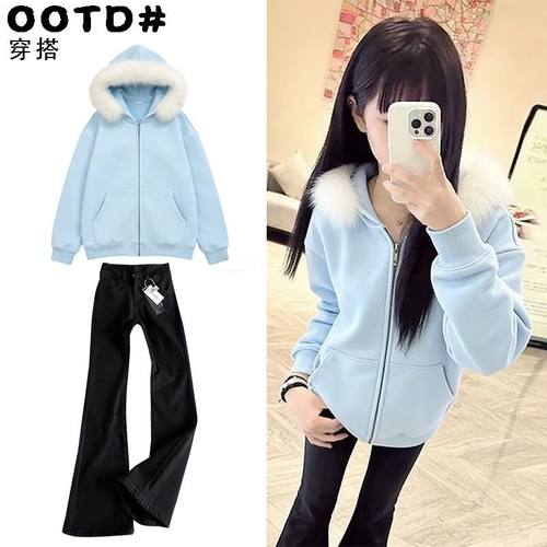 快手网红同款中大童秋冬新款外套带帽毛领+牛仔裤套装长款高级感