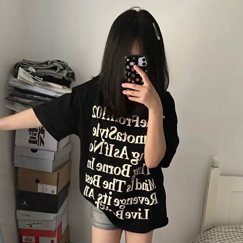 小个子潮牌重磅美式字母印花短袖T恤宽松中大童装潮夏季半袖上衣