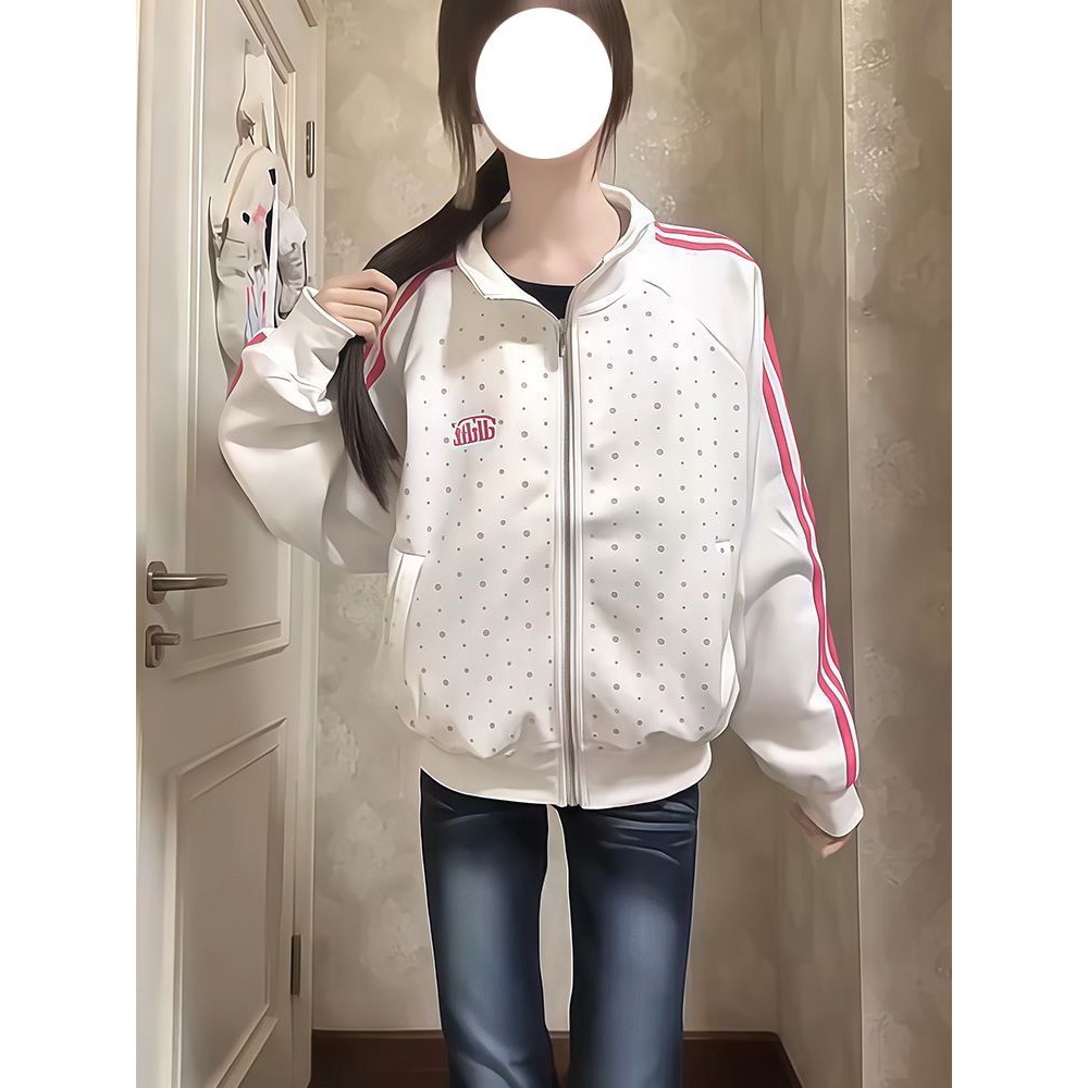 美式复古星星立领拉链外套女秋冬中大童宽松休闲运动儿童白色外套