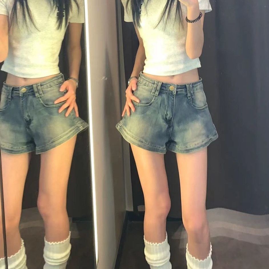 女童复古做旧牛仔短裤女夏季复古美式高腰显瘦百搭阔腿超短热裤子