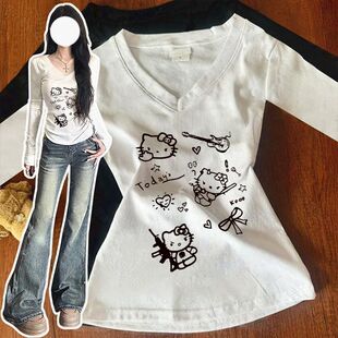 美式上衣长袖中大童kT猫修身显瘦V领秋季新款2025儿童设计ins甜辣