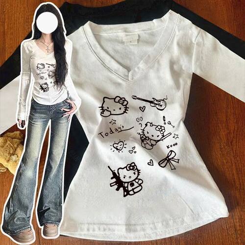 美式上衣长袖中大童kT猫修身显瘦V领秋季新款2025儿童设计ins甜辣