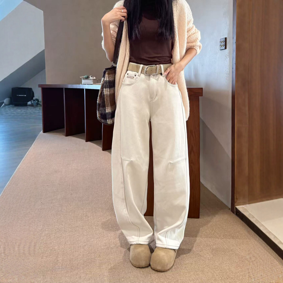 2025秋冬新款杏色加绒加厚阔腿牛仔裤女宽松高腰休闲弯刀拖地裤子